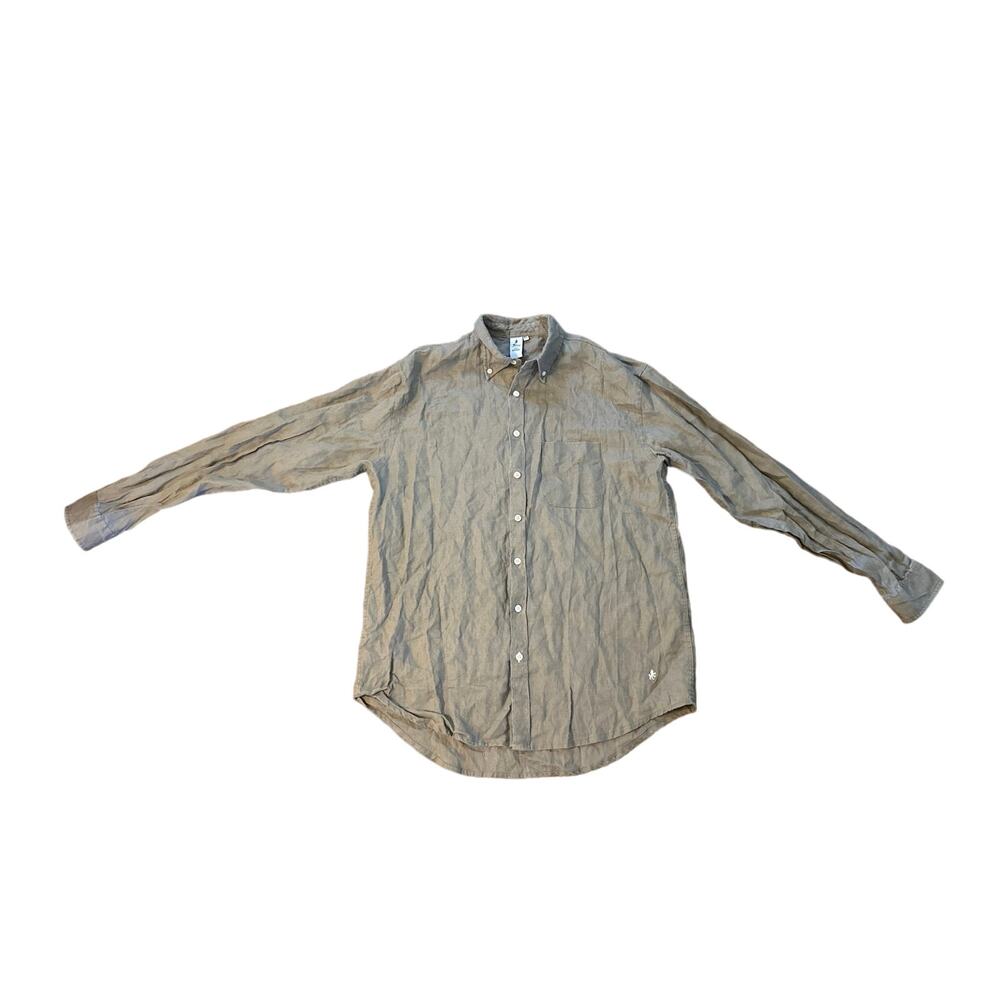 Men XL Felix 100% Linen Button-Down Brown Shirt Top Long Sleeve Collared Dress